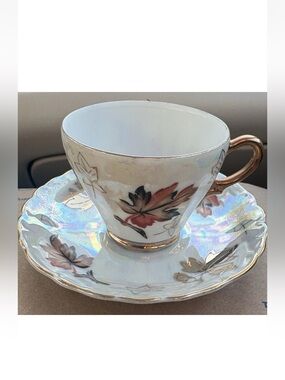 VINTAGE STERLING CHINA IRIDESCENT And Gold CUP & SAUCER Hand Painted Leaves